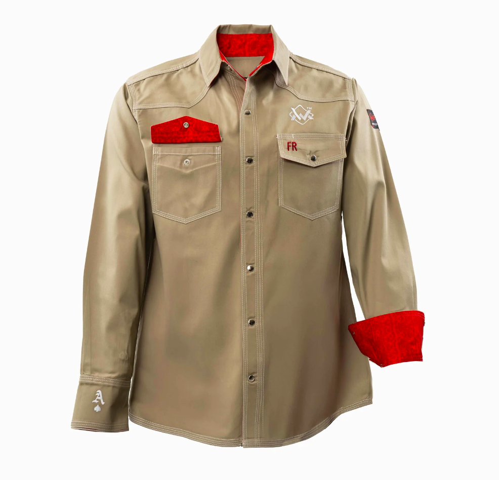 Khaki & Red Button Up Welding Shirt